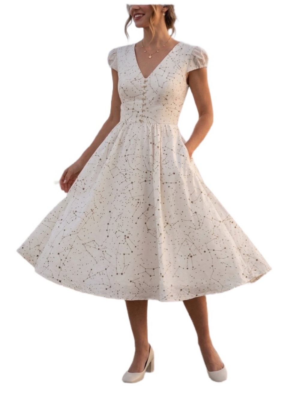 NWT Magnolia Park Constellation Dress Full Skirt Short Sleeves Size L